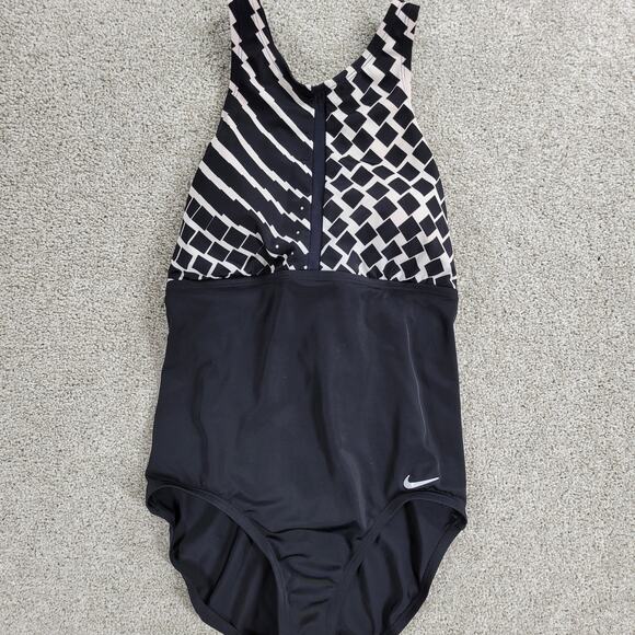 Nike Rush High Neck One Piece Swimsuit Womens M Black White Geo Criss Cross Back - Picture 7 of 16